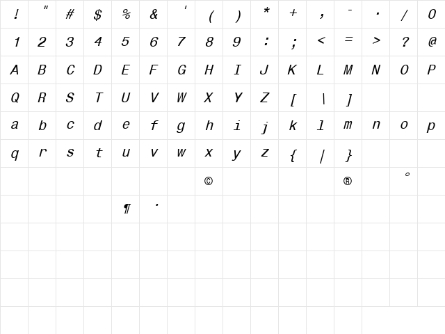 CorporateMonoItalic Italic  glyph index