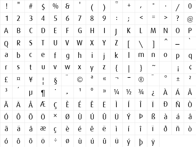 Dax Regular  glyph index