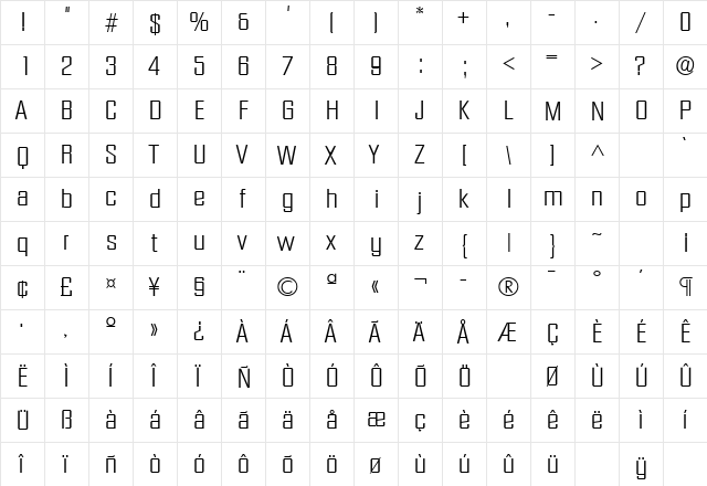 Diamante Regular  glyph index