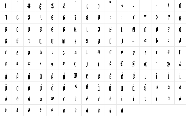 Bewear Regular  glyph index