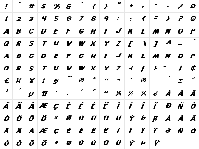 Bronic Expanded Italic Expanded Italic  glyph index