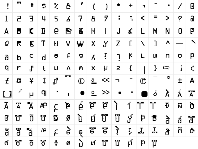 Trade01 Regular  glyph index