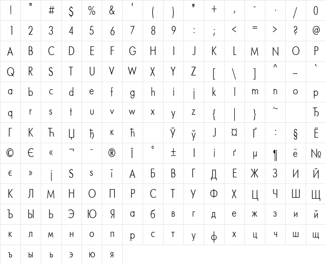 Futura Narrow Regular  glyph index