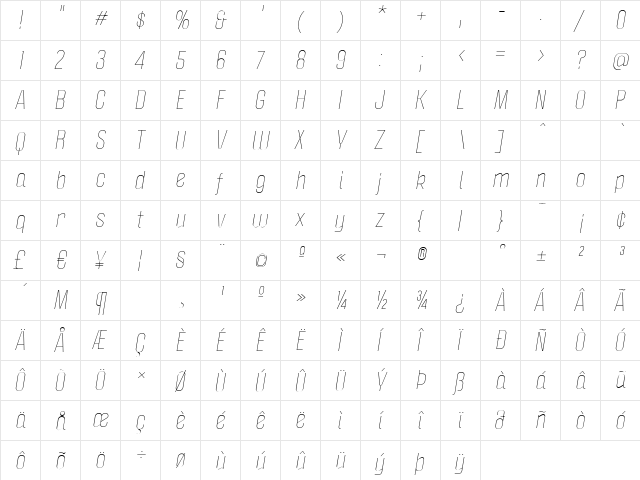 Politica Light Italic  glyph index