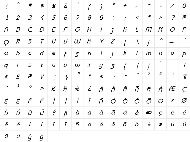 Galexica BoldItalic  glyph index