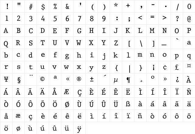 Prestige Regular  glyph index
