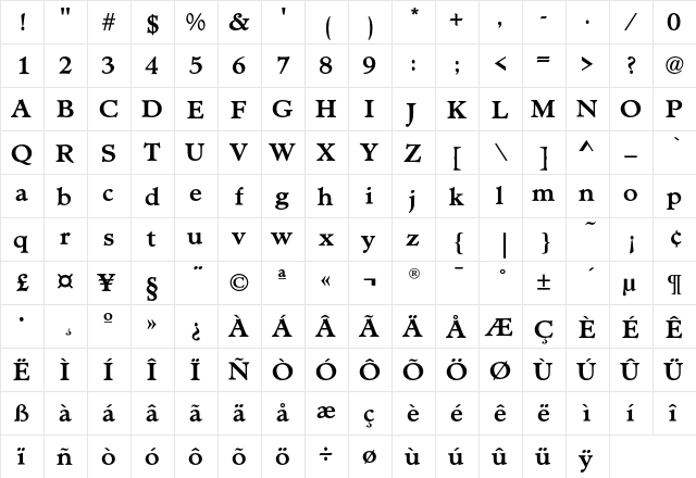 MinisterEF Bold  glyph index