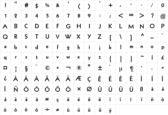 Kabel BQ Regular  glyph index