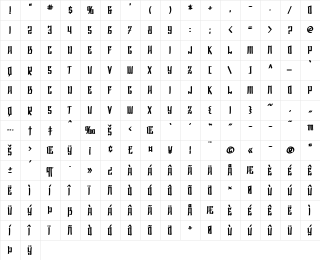 SF Shai Fontai Bold  glyph index