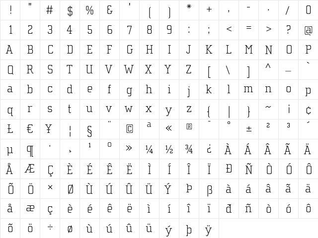 ChollaSlab Thin  glyph index