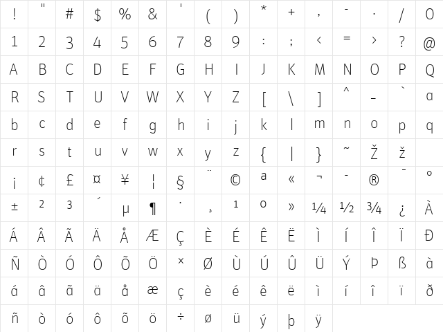 Unit-ThinAlternate Regular  glyph index