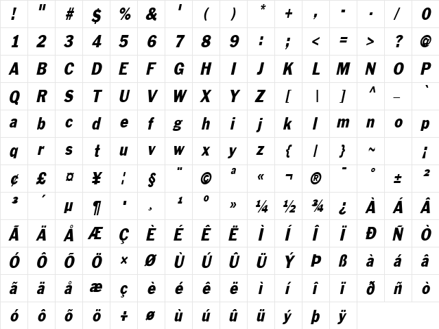 Philadelphia-Condensed Italic  glyph index