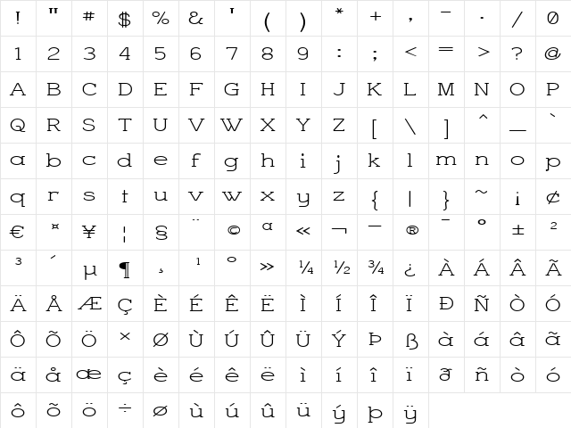 Charrington Wide Regular  glyph index