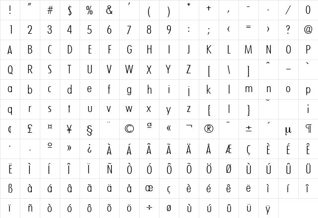 LimerickCond-Serial-Light Regular  glyph index