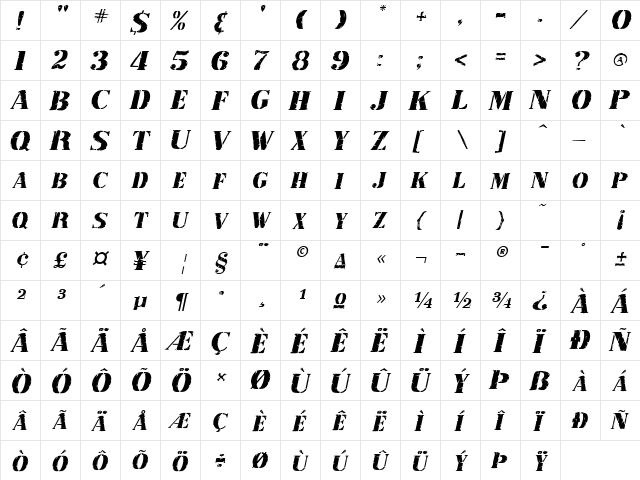 Rubber Stamp Italic  glyph index