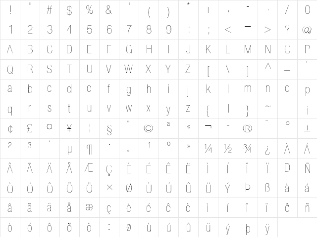 Helvetica Neue LT Pro 27 Ultra Light Condensed  glyph index