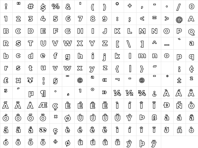 Trueno Black Outline  glyph index