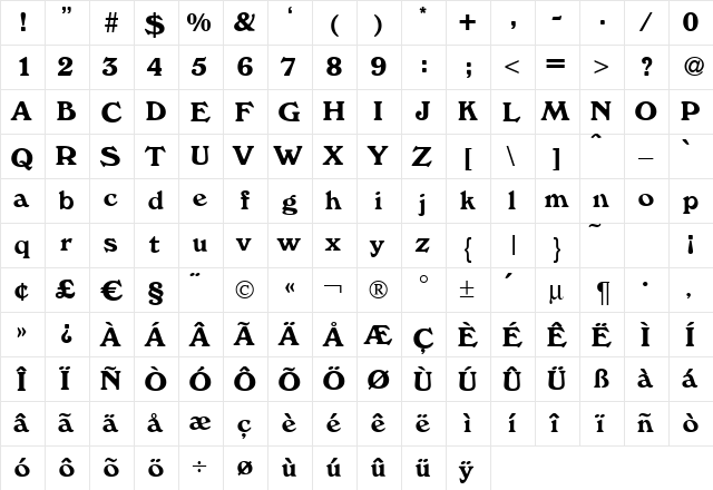 W730-Roman Bold  glyph index