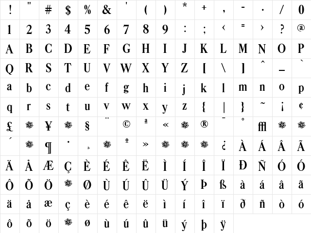 CaslonFB BoldCondensed  glyph index