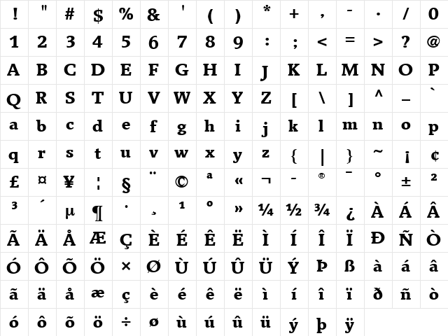 Breughel LT Black Regular  glyph index