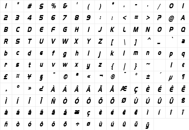 Hanzel Thin Bold Italic  glyph index