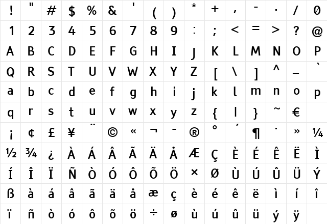 Tiresias PCfont Z Bold  glyph index