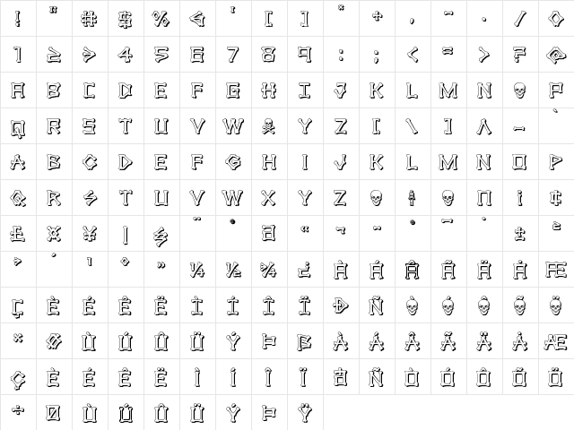 xBONES 3D Regular  glyph index