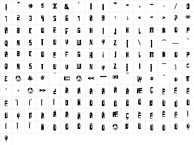 BigBeatBold Regular  glyph index