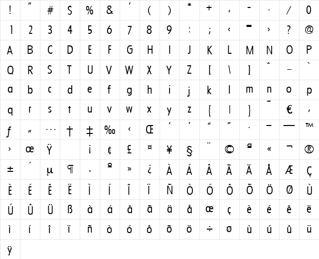 Florida-Light Regular  glyph index