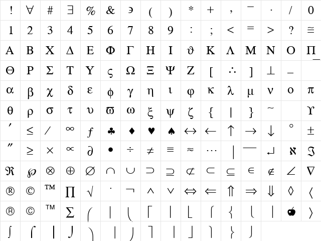 SymbolSH Medium  glyph index