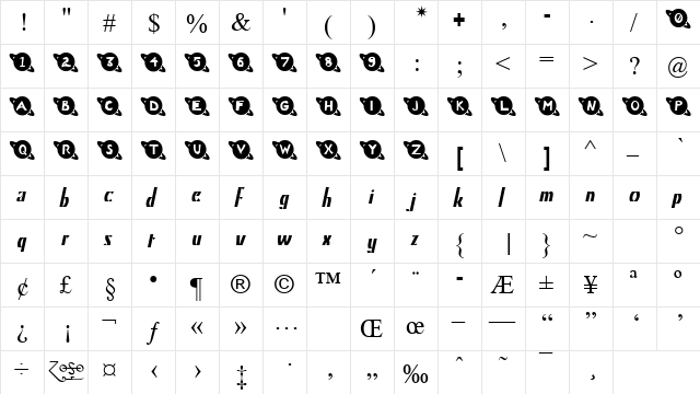 Saturn Regular  glyph index