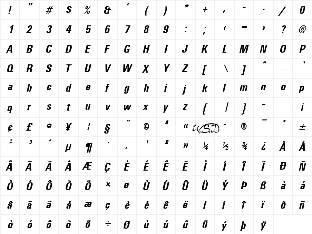 Universal Condensed Bold Italic  glyph index