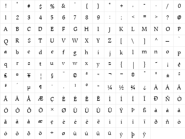 Origami Roman  glyph index