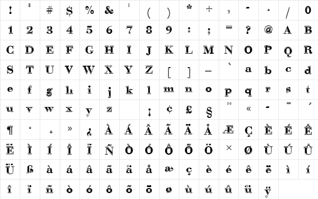 BauerBodTDemBolIn1 Regular  glyph index