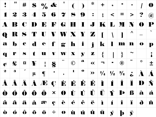 Falstaff MT Std Regular  glyph index