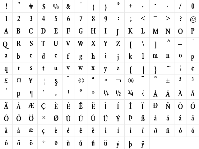 Garamond BE Medium Condensed  glyph index