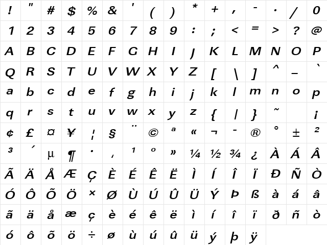 URWLinearTExtWid Bold Oblique  glyph index