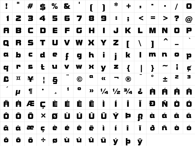 ITC Bolt Bold Regular  glyph index