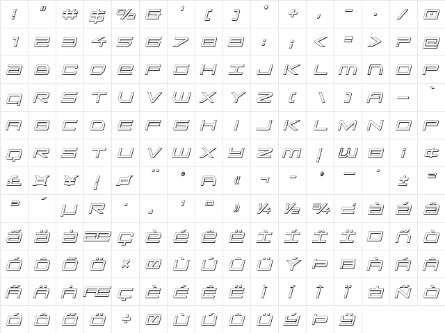 Sky Ridge 3D Condensed Italic Regular  glyph index