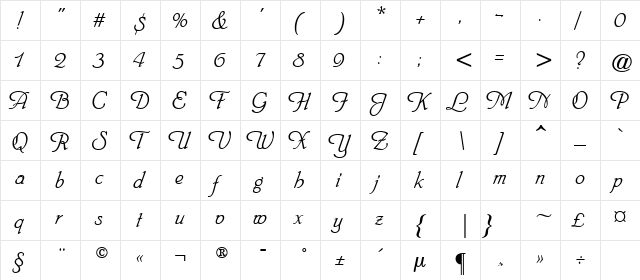 Heinrich Script Regular  glyph index