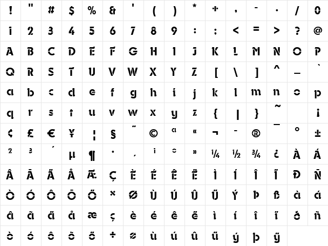 Durango-Stencil-Medium Regular  glyph index