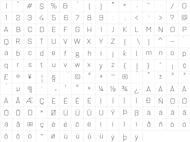 Quarca Ext Light  glyph index