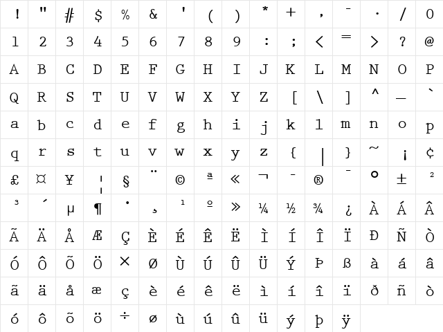 Prestige LT Elite Bold  glyph index