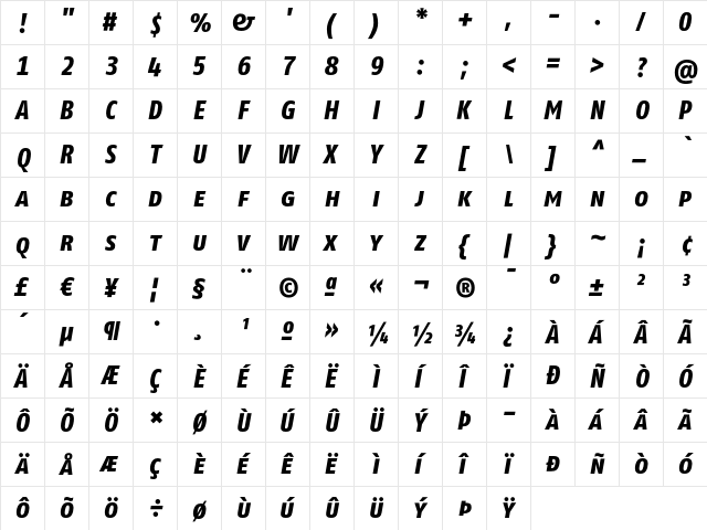 FagoCoTf ExtraBoldItalicCaps  glyph index