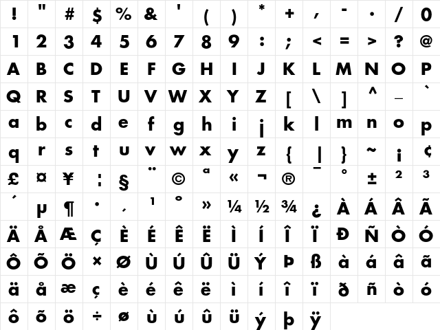 Futura Bold  glyph index