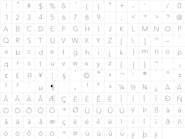 Avenir Next LT Pro Ultra Light  glyph index