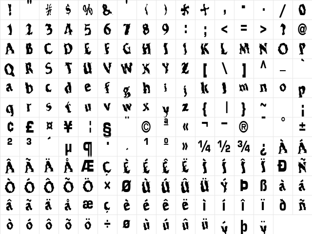 Electric Regular  glyph index