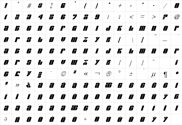 Glacier RegularItalic  glyph index