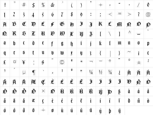NotreDameRoman Roman  glyph index