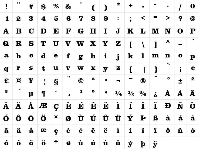 Clarendon T Regular  glyph index